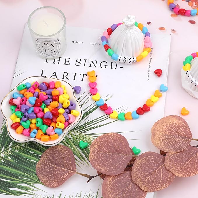 gmma 1000pcs heart pony beads, heart shape spacer beads, rainbow beads bulk, large hole for party decorate, jewelry making, necklace, friendship bracelets, hair beads for valentine's party