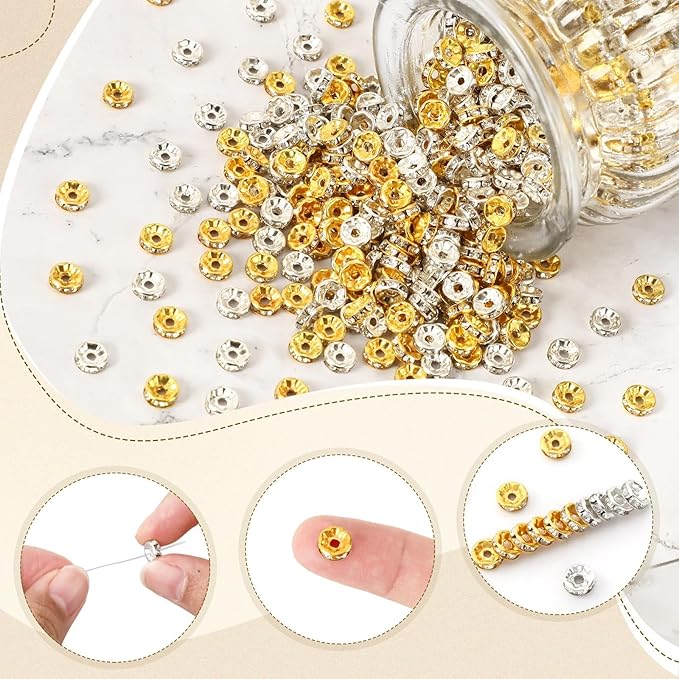 Augshy 700Pcs Rondelle Spacer Beads,8 mm Silver and Gold Rhinestone Spacer Beads for Jewelry Bracelet Making Birthday Party Necklace Friendship Bracelets Hair Beads Crafts