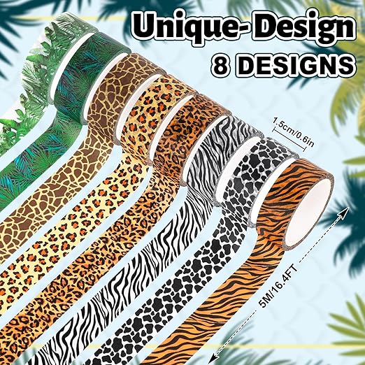 Whaline 8 Rolls Animal Prints Washi Tape Safari Decorative Masking Tape Set Leopard Zebra Tiger Giraffe Greenery Wrapping Paper Tape for Scrapbook Journal DIY Art Crafts