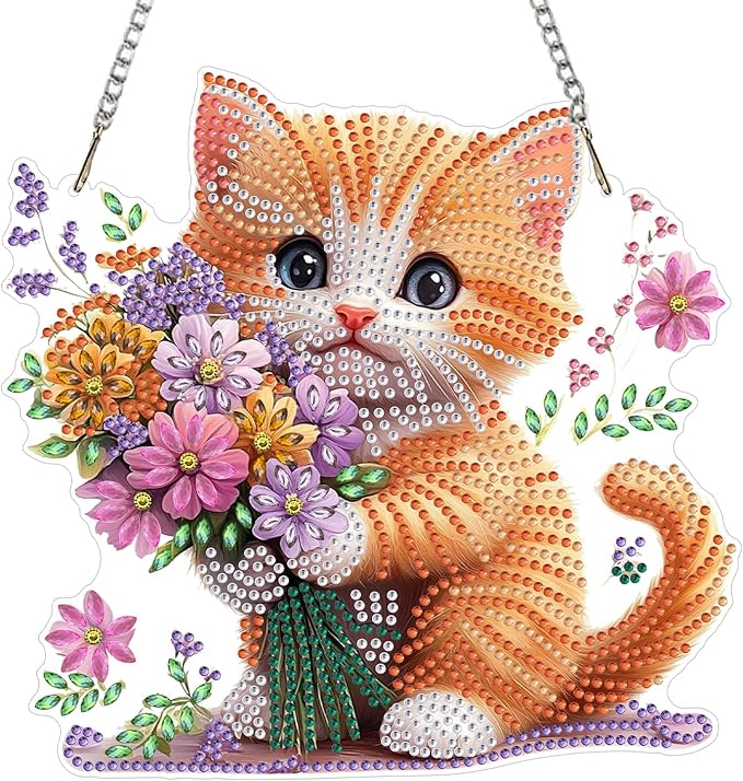 KEYIFA Cat Diamond Painting Kit, DIY Bouquet Diamond Art for Adults, Diamonds Pendant Special Shaped Rhinestone Window Hanging Ornaments Home Garden Wall Door Decoration, 20cm Width
