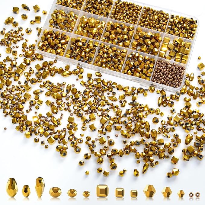 1500 Pcs Crystal Glass Beads for Jewelry Making – 12 Styles Bicone, Rondelle, Cube, Teardrop & 3mm Spacer Beads, DIY Bracelet Necklace Earring Craft Kit Random Colors(Coffee Gold)