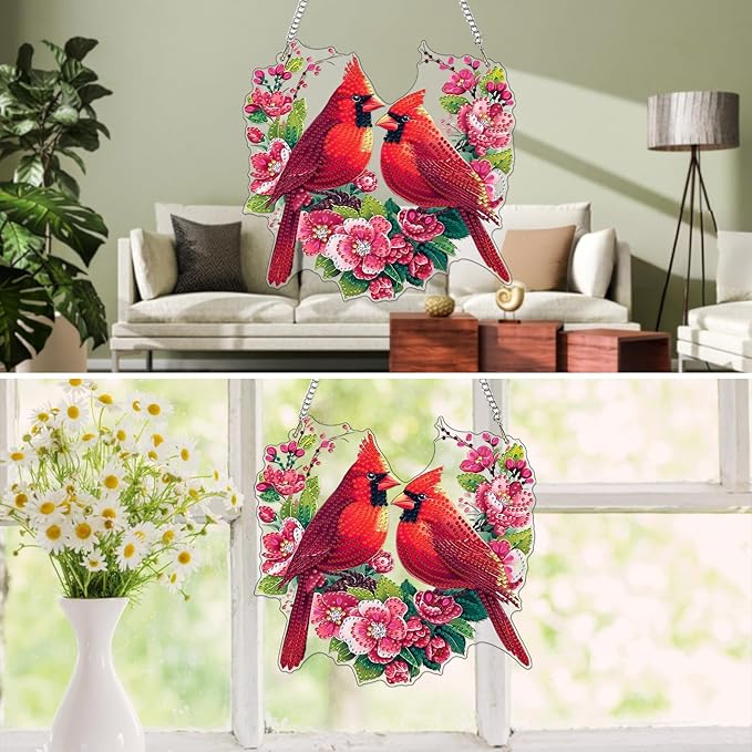 MXJSUA Valentine's Cardinals Special Shaped Hanging Diamond Painting Art Kits for Adults, Crystal Rhinestone Acrylic Gem Art Pendant Ornaments Kit for Home Decor and Gift 7.87 * 7.87 Inch