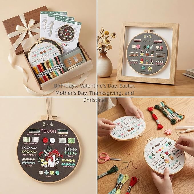 PALUPJEF Embroidery Kit for Beginner and Adults, 4 Hoop Set to Learn 38 Stitches with Pre-Stamped Patterns, Complete Starter Kit with Instructions, DIY Gift for Women