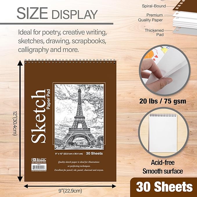 bazic products sketch pad, spiral sketchbook for artists & students, drawing pad with thick paper, sketching & drawing for kids, teens & adults, 30 sheets, 9" x 12", 1-pack