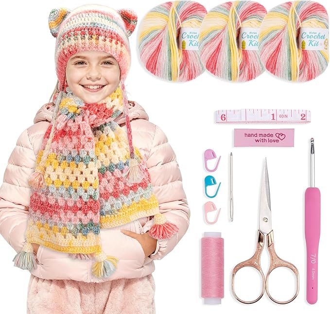Alvian Scarf Hat Crochet Kit for Beginners Crochet Starter Kits Craft Knitting with Step-by-Step Video Tutorials Handmade Gift for for Birthday (Scarf Hat Crochet Kit)