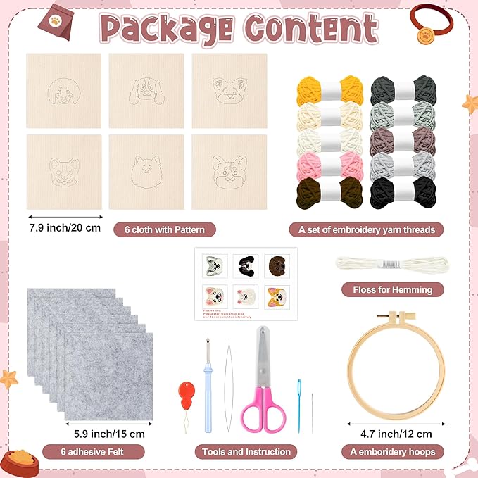 WATINC Craft Punch Needle Coaster Kit, 22Pcs Easy Art Work Decor Craft Supply for Beginners, DIY Set of 6 Puppy Head Pattern Tufted Rug Pads with Adhesive Felt Yarns Embroidery Hoop Tools Instruction