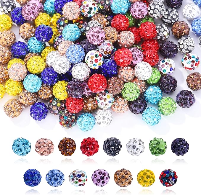 225pcs 10mm Rhinestone Beads for Jewelry Making, 15 Colors Clay Disco Round Ball Sparkly Crystal Diamond Bulk Bead for Bracelets Baseball Necklace Earring Crafting Christmas DIY Decoration