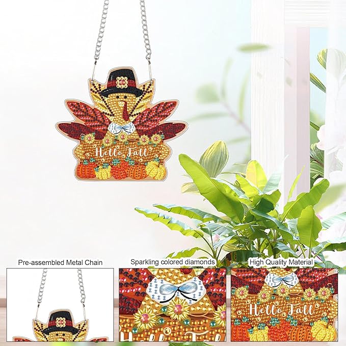 DIY Diamond Painting Hello Fall Hanging Sign – Maple Leaf Door Hanger with Pumpkins, Fall Leaves, Autumn Thanksgiving Wall Window Decor Craft Kit for Porch Farmhouse