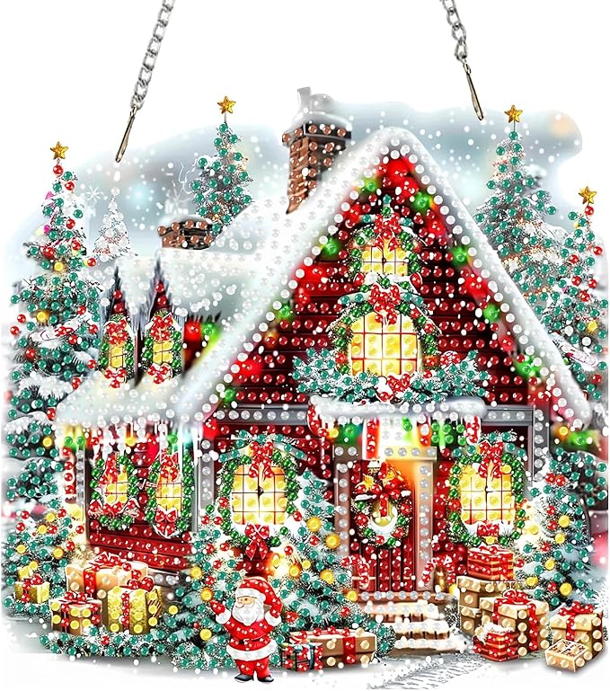 SENQAO Christmas Diamond Art Hanging Kits for Adults, Christmas Tree House Diamond Art Suncatchers, 5D Special Shape Diamond Painting Pendant Window Ornament Gifts for Home Door Wall Decor