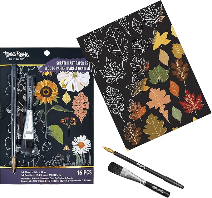Brea Reese: Scratch Art Paper Pad - Fall Foraging - 14 Sheets, 7 Guided Art Designs, Metallic Accents, Stylus & Brush, 6x8 Pages, DIY Adult Craft Kit