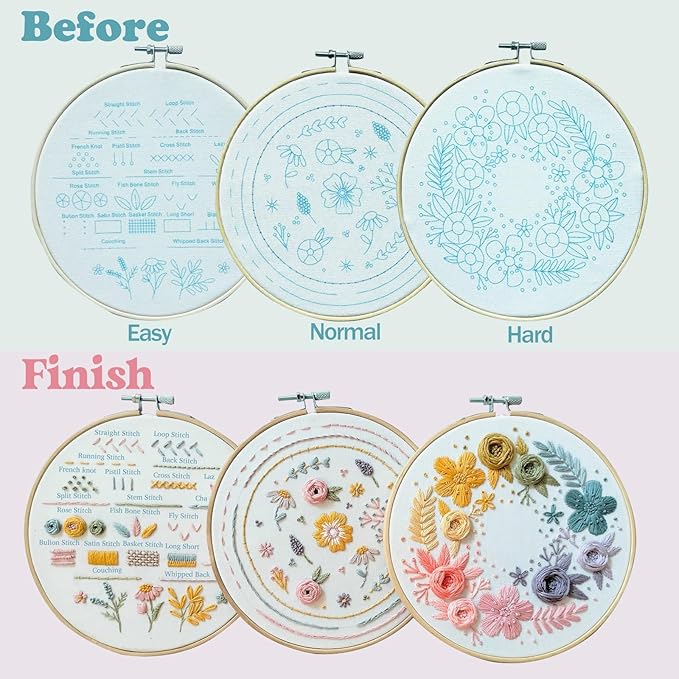 embroidery kit,3 pack embroidery kit for beginners with step by step learn 22 different stitches from instruction & video,stamped embroidery patterns,hand embroidery kit for adult, stitches kit