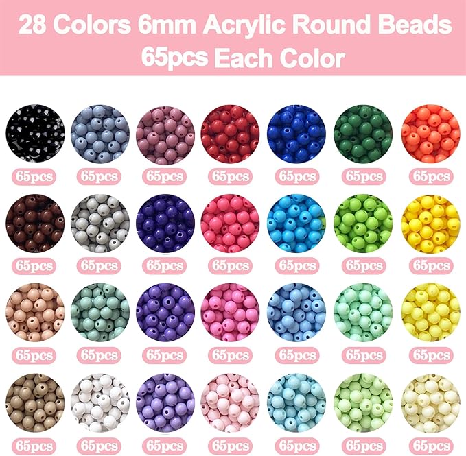 1820PCS 6mm Acrylic Round beads For Jewelry Making,28 Candy Colors Assorted Plastic Round Beads for Bracelets Making Kit Loose Bead Bubble Gum Bead for Earrings Necklace Phone Lanyard DIY Crafts