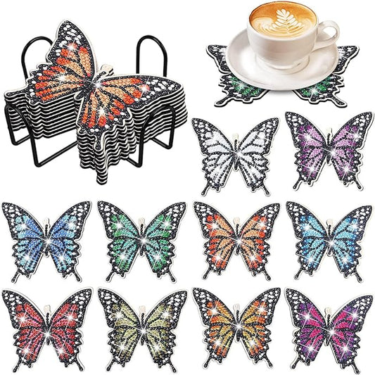 10 Pcs DIY Butterfly Diamond Painting Coasters Kit With Holder for Beginners, Adults and Kids - Spring Art Craft Supplies Gift