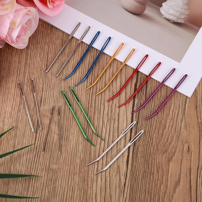 18pcs Large Eye Sewing Needles, Aluminum Big Eye Yarn Needle Kit with Straight & Curved Tip Hand Knitting Supplies Threaders Tools for Quilting Crochet Felting Embroidery Tapestry Projects