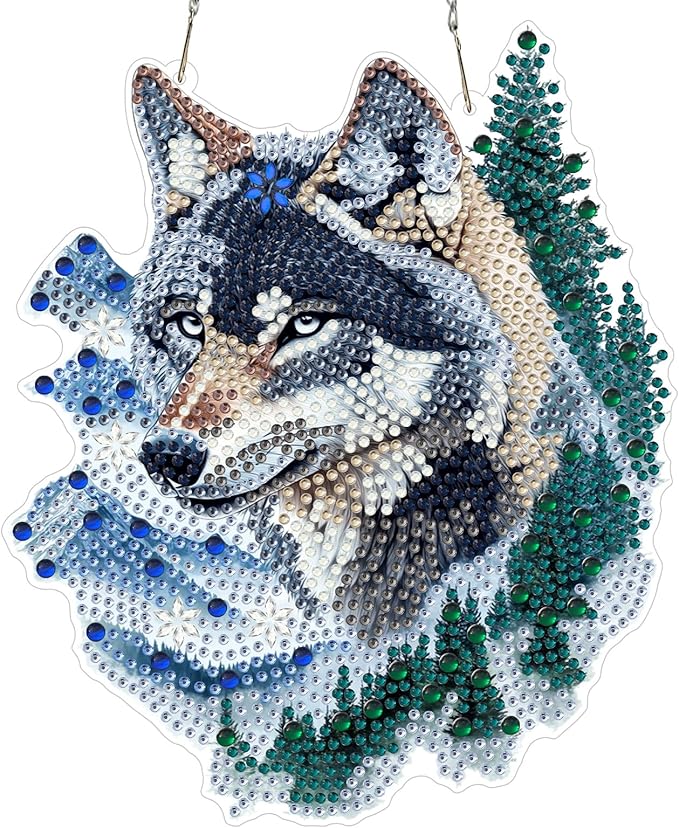 MXJSUA Forest Wolf Diamond Art Hanging Kits for Adults Beginners, DIY Acrylic Special Shaped Crystal Diamond Gem Drills Pendant Art Painting Ornament for Home Wall Decor Gift 8x8 inch