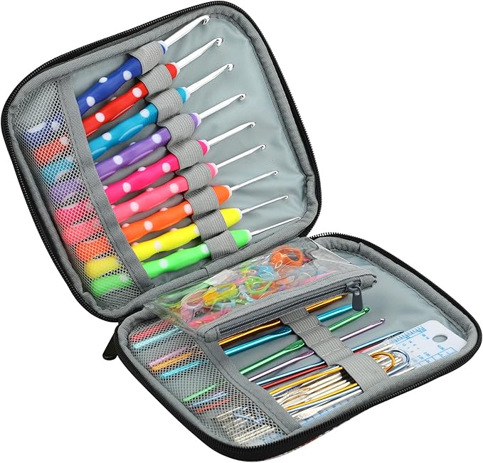 LOOEN Crochet Hooks Set-Yarn Needles Coloured Aluminum with Storage Case Rubbery Handle Ergonomic Comfort Grip DIY Craft Handmake Kit 64pcs