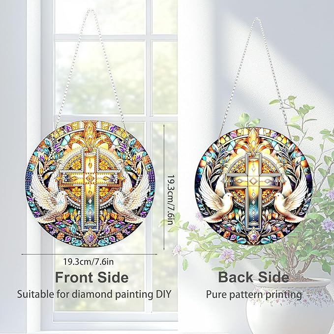 TOSTOG Diamond Art Hanging Kits for Adults, Cross Dove Diamond Painting for Adults Window Pendant, Special Shape Diamonds Christian Cross Diamond Painting Hanging Pendant Kit for Wall Decor Gift