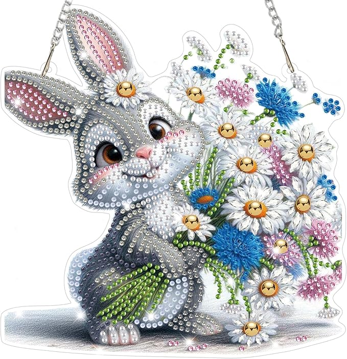 Bowetile Rabbit Diamond Art Hanging Kits for Adults, Diamond Art Suncatchers Bunny, 5D Special Shape Diamond Painting Flowers Pendant Window Ornament Easter Gifts for Home Wall Decor