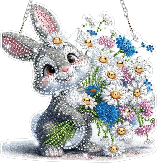 Bowetile Rabbit Diamond Art Hanging Kits for Adults, Diamond Art Suncatchers Bunny, 5D Special Shape Diamond Painting Flowers Pendant Window Ornament Easter Gifts for Home Wall Decor
