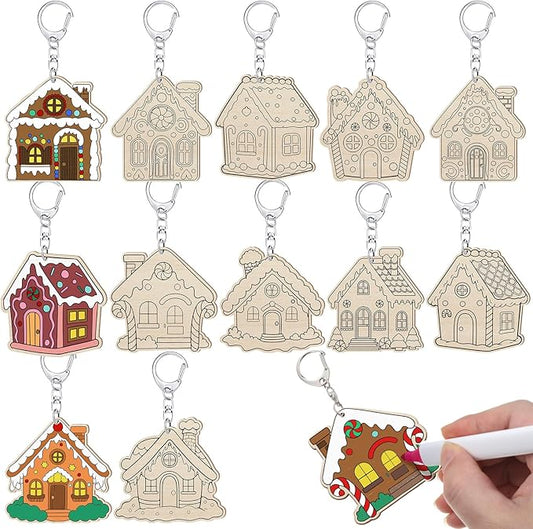 Trnayi 36 Pcs Gingerbread House Unfinished Wooden Keychains Color Your Own Unfinished Gingerbread House Wooden Crafts Blank Wood Painting DIY Crafts for Christmas Home Activities Arts Party Decor