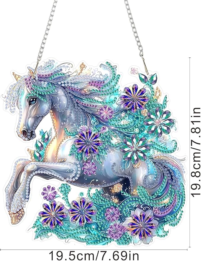 SENQAO Horse Hanging Diamond Art Painting Kits for Adults Beginners, 5D Special Shape Diamond Art Kits, Horse Flower Crystal Rhinestones Diamond Gem Art Painting for Home Garden Wall Decor
