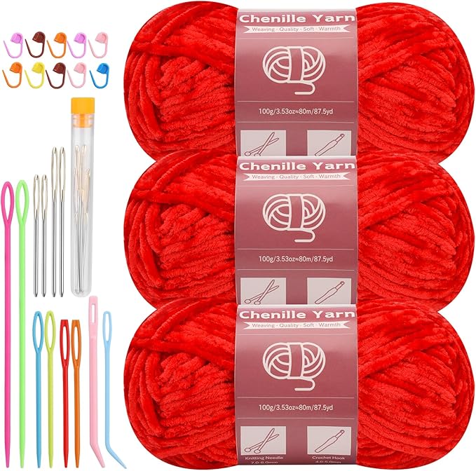 LUNARM Chenille Yarn for Crocheting Knitting, 3 Skein 263 Yard Thick Soft Chunky Fluffy Weaving Plush Yarn for Blankets Clothes Pattern Creations with Big Eye Needles (Red)
