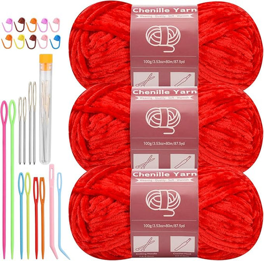 LUNARM Chenille Yarn for Crocheting Knitting, 3 Skein 263 Yard Thick Soft Chunky Fluffy Weaving Plush Yarn for Blankets Clothes Pattern Creations with Big Eye Needles (Red)