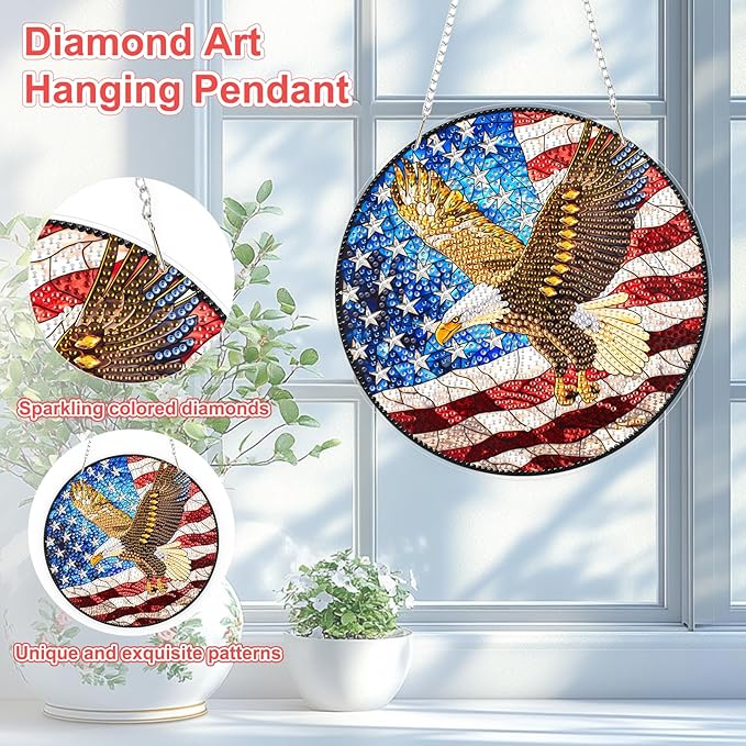 TOSTOG Eagle Diamond Art Hanging Kits for Adults, Flag Eagle Diamond Painting for Adults Window Pendant,Special Shape Diamonds Diamond Painting Hanging Pendant Kit for Wall Home Decor Gift