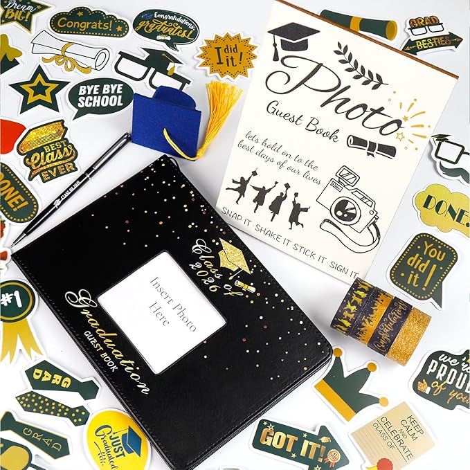 LUYI 8 Pcs Graduation Guest Book 2026, Graduation Decorations Party Favors Photo Guest Book Sign with Pen Stickers Washi Tape in Book Signature Memory Scrapbook for College Gift