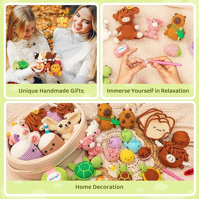 Mewaii Crochet Kit for Beginners Level 1 with 40% Extra Eco-Friendly Pre-Started Easy Yarn, Step-by-Step Video Tutorials for Adults and Kids (Capybara)