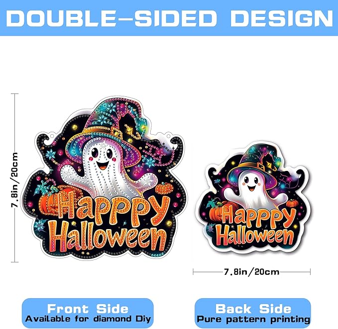 VAIIEYO Halloween Diamond Art Hanging Ornament, Ghost Diamond Painting Suncatchers Window Hanging Kit with Chain, 7.5x7.5 inch Crystal Pendant Art Craft for Gift Home Wall Front Door Decoration