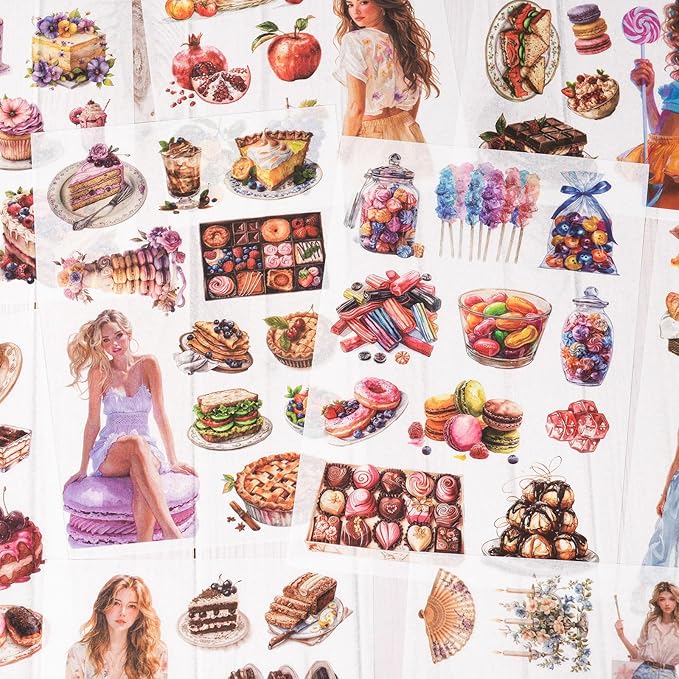 Stickers for Journaling, 20 Sheets Sweet Dessert Junk Journal Sticker, PET Washi Materials Scrapbooking Supplies for Adults, People Women Transparent Decorative Art Crafts