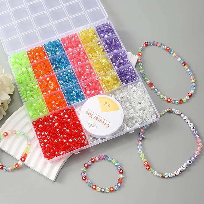 nikkiGuo 1250pcs 4x7mm White Round Acrylic Alphabet Beads A-Z Heart Beads with Numbers Crystal Line for Jewelry Bracelet, Necklace and Key Chains (Transparent Color)