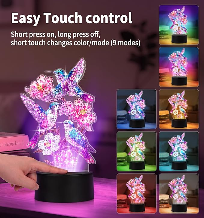 ALKALO Diamond Painting Night Light, Diamond Painting Kits for Adults Desktop Ornaments for Table Tabletop Decor Diamond Art Accessories for Adult Beginner Touch Lamp for Bedrooms Living Room-Birds