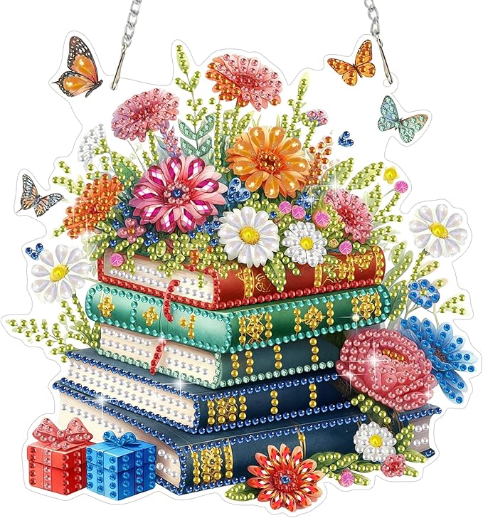 MEIYUDA Book Flowers Diamond Art Hanging Kits for Adult, Flowers Books Diamond Painting Hanging Kits Ornaments, DIY Special Shaped Rhinestone Window Pendants Kit for Home Garden Wall Decor Gift