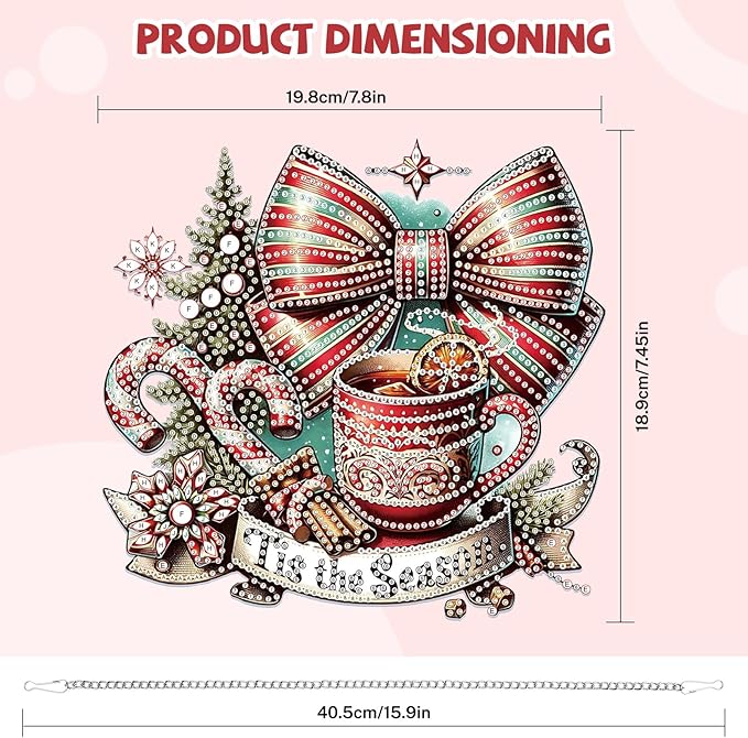 Bowetile Christmas Diamond Art Hanging Kits for Adults, Diamond Art Suncatchers Hot Tea, 5D Special Shape Diamond Painting Pendant Window Ornament Christmas Gifts for Home Door Wall Decor