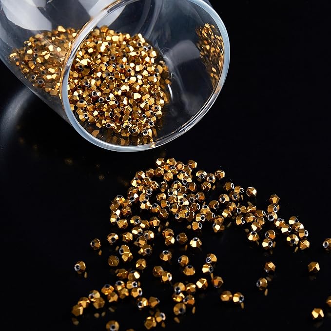 laopottbeads 1200pcs 3mm bicone crystal glass beads for jewelry making, sparkling mini beads for suncatchers, diy bracelets & craft projects (coffee gold)
