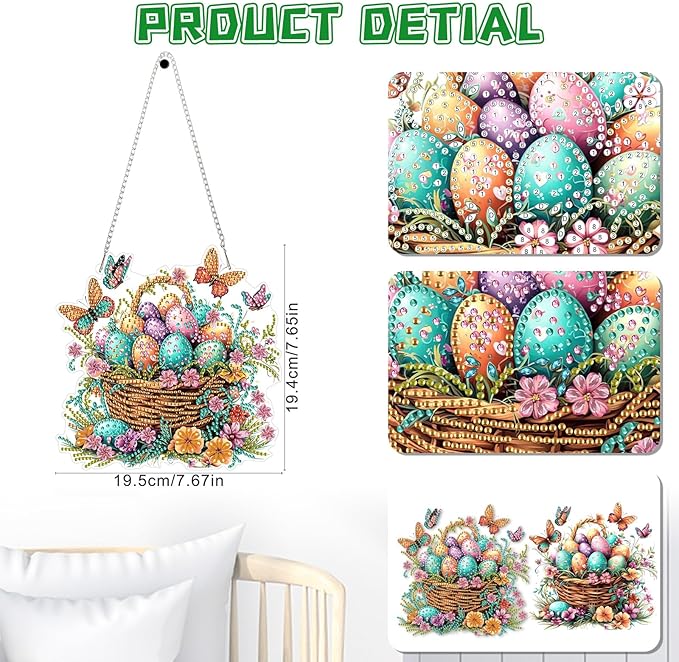 KEYIFA Easter Egg Hanging Diamond Art Painting Kits for Adults and Kids Age 8-12, 5D Special Shape Diamond Dots Kit Butterfly, Crystal Gem Painting Art Crafts for Window, Wall, Door, Garden Decor