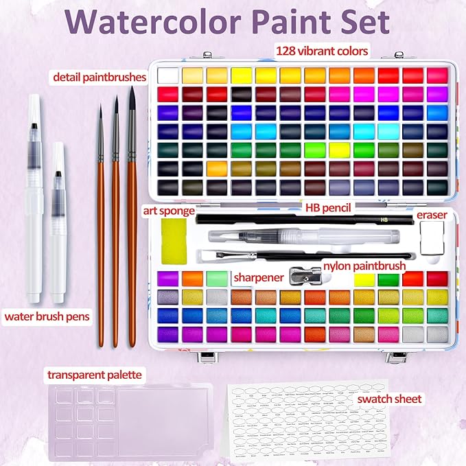 Caliart 128 Colors Watercolor Paint Set Portable, for Adults Artists Professional, Art Supplies Watercolor Painting Kits Drawing Gifts