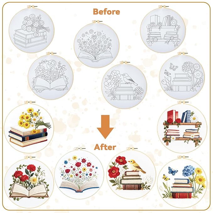 BEUNITONE Books Flowers Embroidery Kit, 6PC Literary Themed Cross Stitch Set for Book Lovers, Reading Hobby DIY Craft, Unique Home Decor Gift Idea