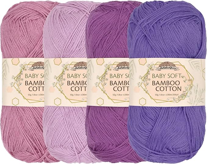 JubileeYarn Baby Soft Bamboo Cotton Yarn - 50g/Skein - Shades of Purple - 4 Skeins