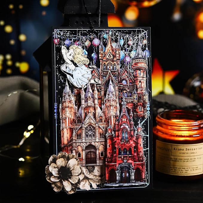 60PCS Moonlight City PET Stickers, Large Gothic Castle Stickers for Scrapbooking, DIY Crafts, Journaling, and Junk Journal Ephemera with Organizer
