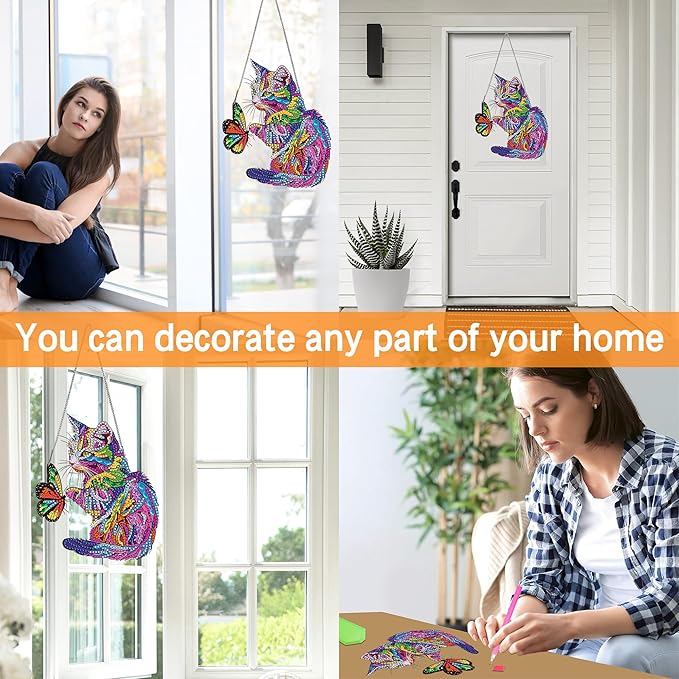 Ginfonr Diamond Painting Kits Hanging Pendant, Cat Sun Catcher for Front Door Sign, Special Shaped Rhinestone Butterfly Diamond Art, Summer Porch Decor for Outdoor Garden Wall Window (8 x 8 inch)