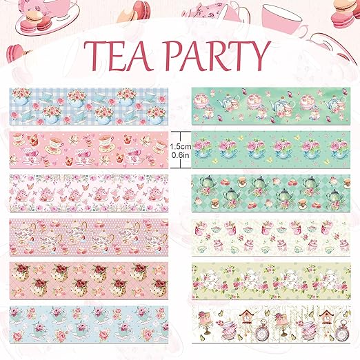 12 Rolls Tea Party Washi Tape, Afternoon Tea Decorative Tape for Scrapbooking Bullet Journals Planners, Party Decorations, DIY Crafts Gift Wrapping, 16.4FT