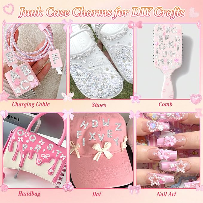 330 Pcs Junk Phone Case Charms 26 Pcs A-Z Rhinestone Alphabet Letter Charm, Mix Pink Color White Flower Bow Heart Pearls Flatback Resin Charms Letter Junk Cases Kit for DIY Crafts