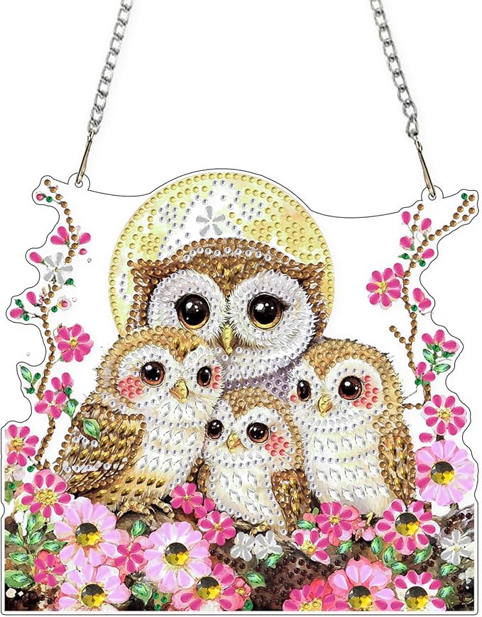 Lxmsja DIY Owls Family Diamond Painting Hanging Ornament, Double-Sided Acrylic Moonlit Diamond Art Kit, Special Shaped Suncatcher Hanging Pendant Window Art Kit 7x8 inch