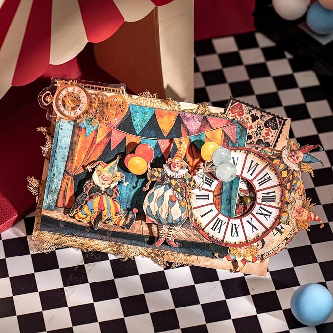 Vintage Carnival Circus Sticker Set – 90pcs Laser-Cut Interactive Stage Cards with Retro Clown Ephemera for Scrapbook Journal Junk Journal & DIY Collage Decor