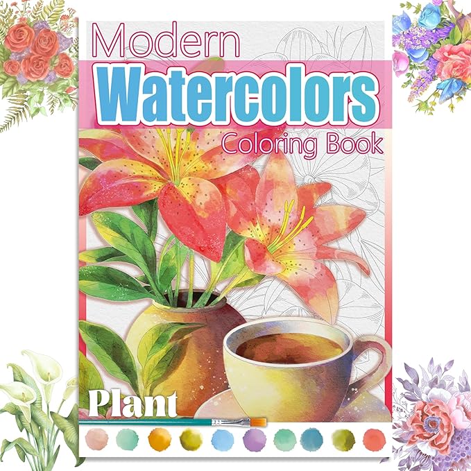Watercoloring Book, A4 Water Coloring Book Paint Book Beginner Friendly - Watercolor Coloring Books for Adults, 12 Pre-Printed Designs on 180GSM Cold Press Paper, (Without Paint or Brushes) - Plant