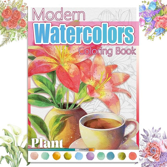 Watercoloring Book, A4 Water Coloring Book Paint Book Beginner Friendly - Watercolor Coloring Books for Adults, 12 Pre-Printed Designs on 180GSM Cold Press Paper, (Without Paint or Brushes) - Plant