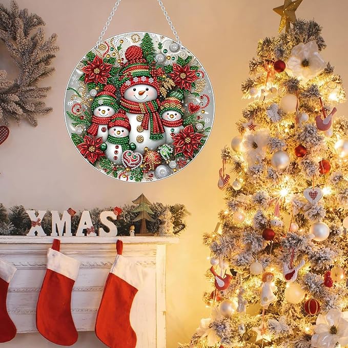 Diamond Art Hanging Kits for Adult, Christmas Diamond Art Crafts Decor, 5D DIY Acrylic Diamond Art Painting Ornaments, Window Pendants Wall Hanging Kits for Home Garden (Snowman)